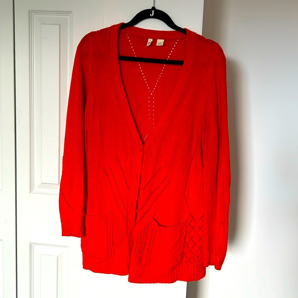 Women’s orange red V-neck cardigan sweater from Anthropologie, size L